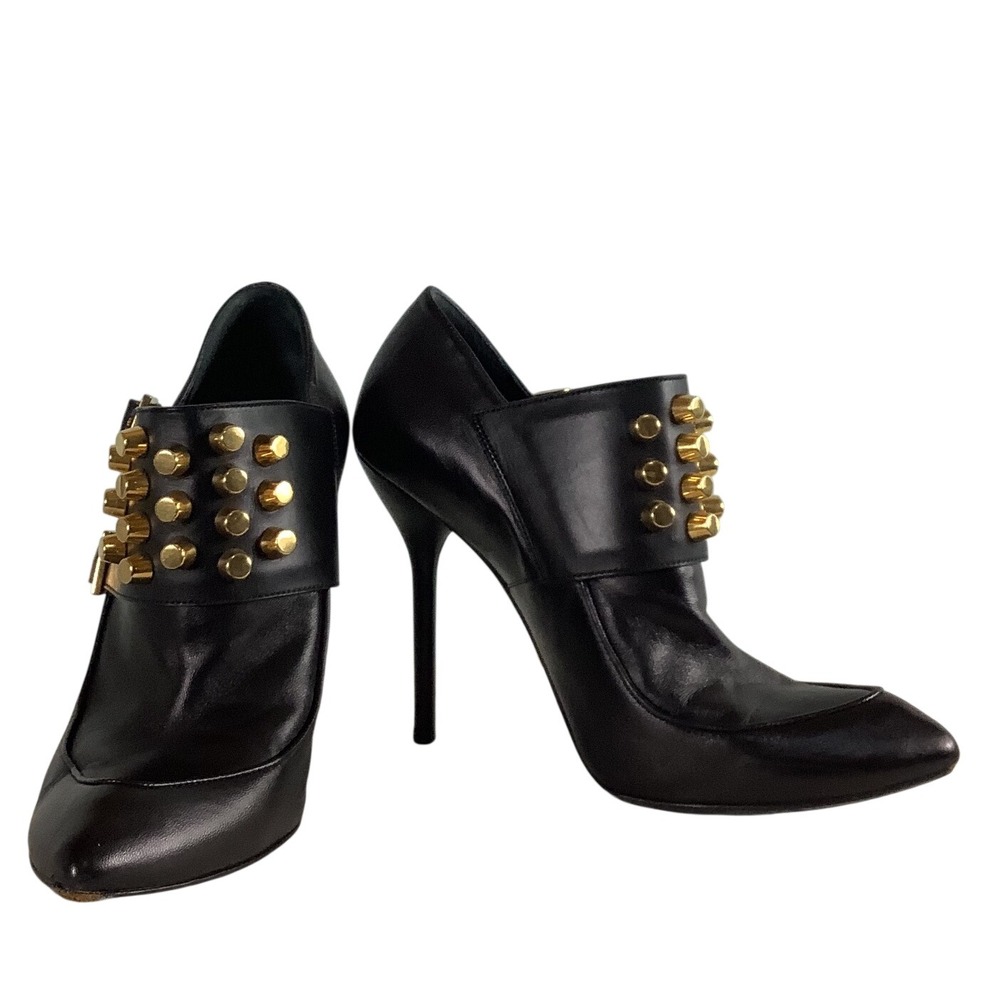 Gucci Black Leather Studded Buckle Stiletto Ankle Booties Heels 37.5